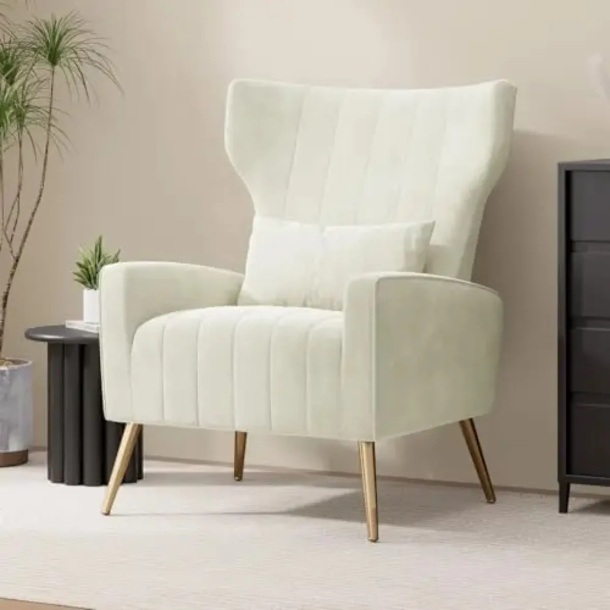Velvet Accent Chair Wingback for Living Room, High Back Arm Chair with Golden Legs Lumbar Pillow, Upholstered Single