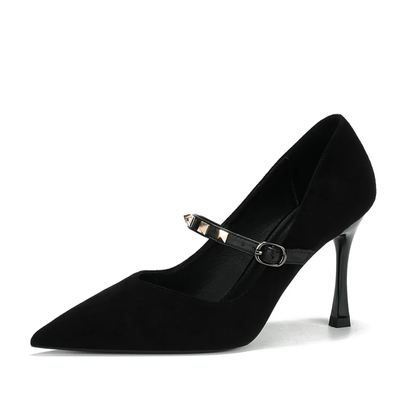 

Size 31-43 Rivet Black High Heels Women's Thin Heels Mary Jane Heels Pointed Toe Stiletto Pumps 6cm 8cm Office Party Shoes