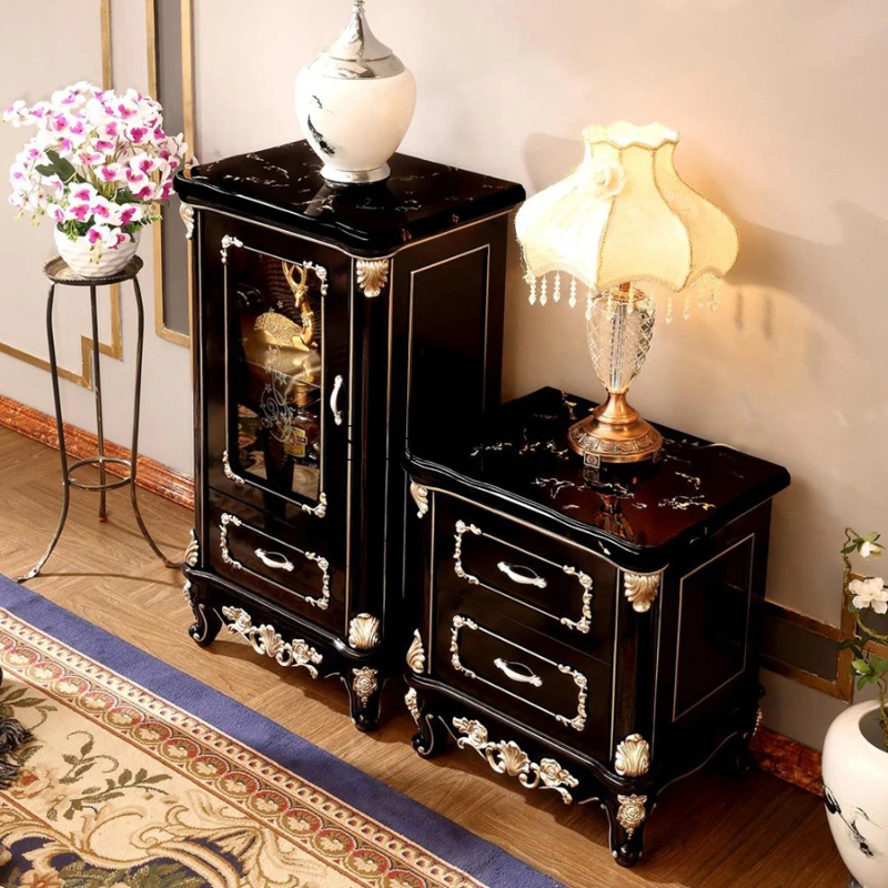 

European all solid wood high and low wine cabinet, living room marble countertop storage combination cabinet