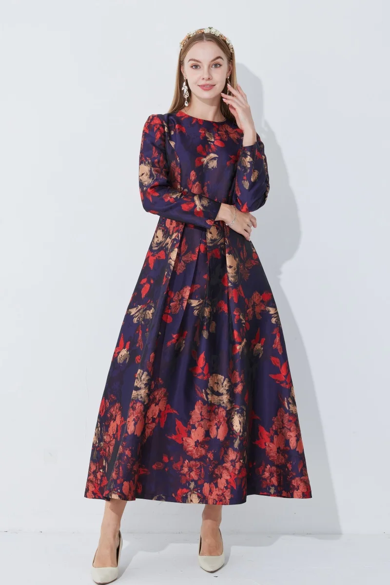 Robe maxi à manches longues pour femmes, vêtements de fête vintage pour dames, robe musulmane jacquard florale, mode bohème élégante, automne