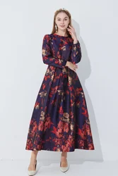 Elegant Women Long Sleeve Maxi Dress Fall Fashion Boho Floral Jacquard Muslim Dress Ladies Vintage Party Clothes