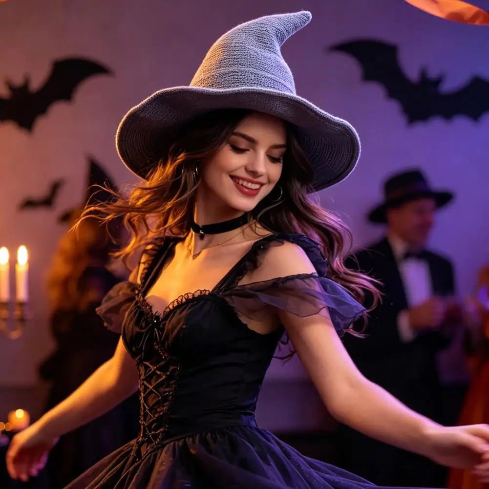 Foldable Pointed Hat Cotton Knitted Hat Women’s Foldable Witch Hat Wide Brim Knitted Cap Halloween Cosplay for Autumn