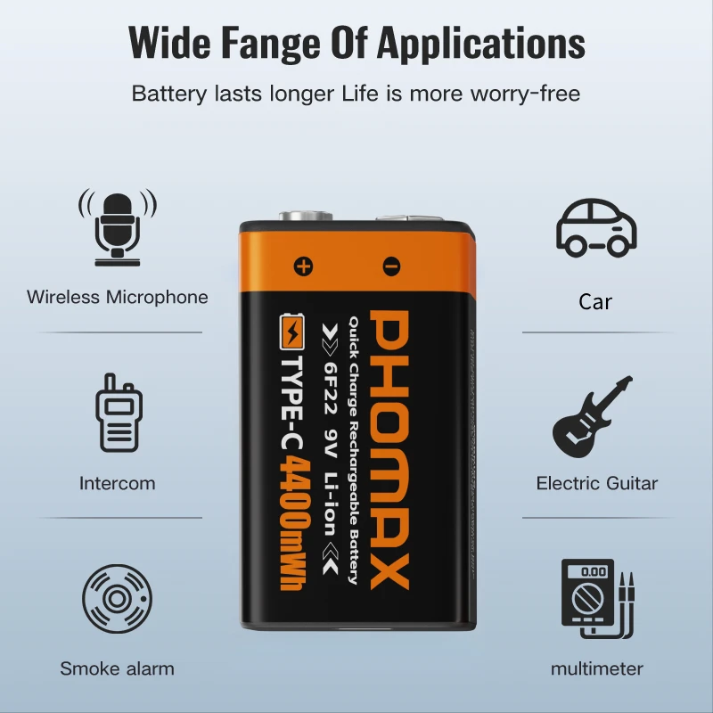 PHOMAX 6F22 9V Li-ion Rechargeable Battery 4400mWh for RC Helicopter Model Multimeter Microphone USB Type-C Charging