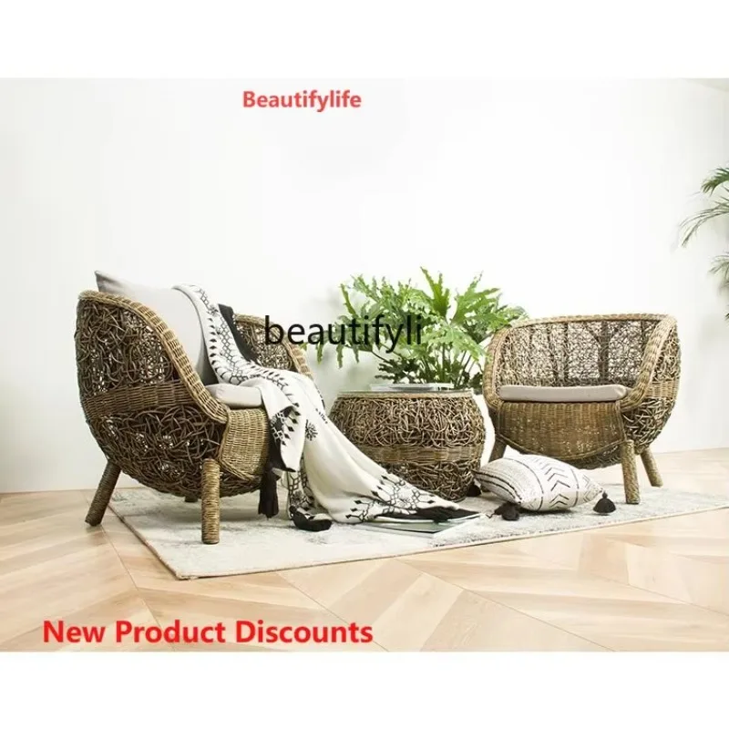 Rattan Chair Three-Piece Set Balcony Leisure Area Layout Small Tea Table Combination Household Outdoor Courtyard Backrest  H