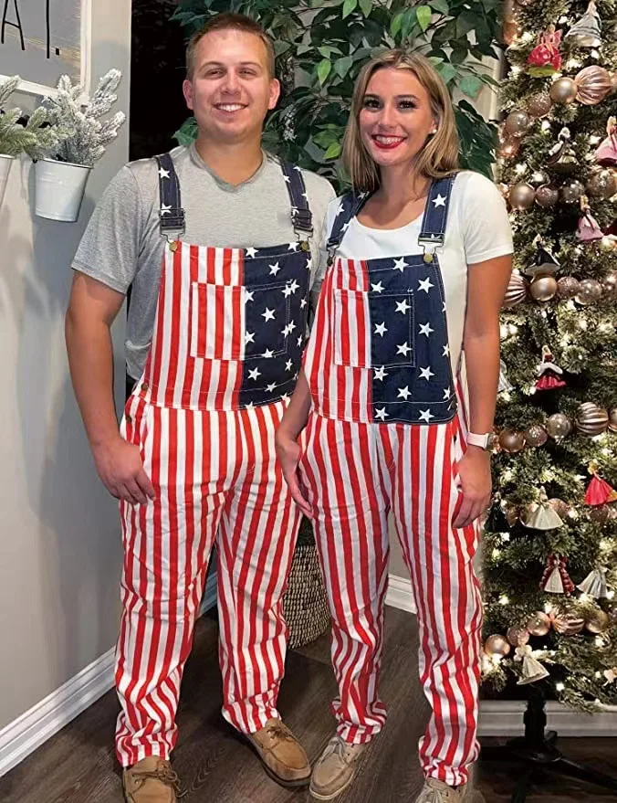 

Independence Day USA Flag Design Couple Cargo Pants Suspender Long Trousers
