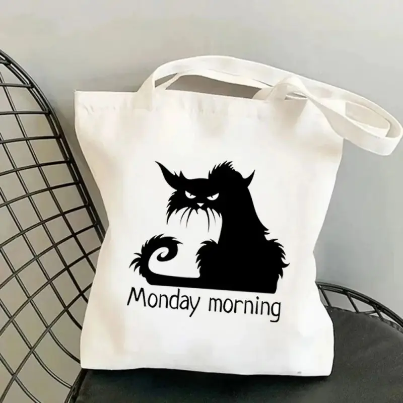 Black Cute Weird Cats Art Designer Shopping Bag Handbag Canvas Reusable Large Capacity Storage Tote Bag Travel  Shoulder Bags