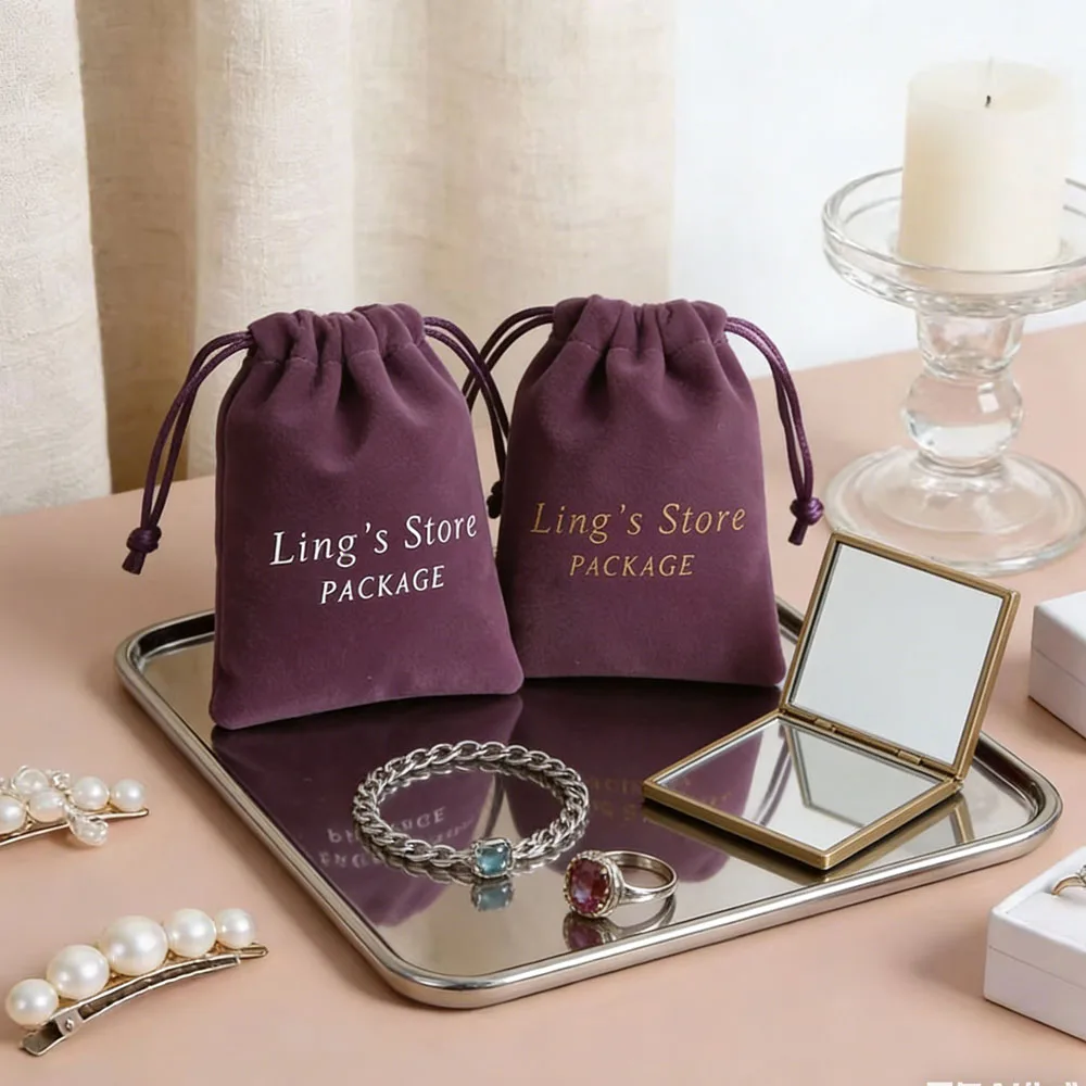 

50pcs Personalized Logo Velvet Jewelry Organizer Gift Bags Drawstring Jewellry Rings Card Packaging Storage Pouch Wedding Favors