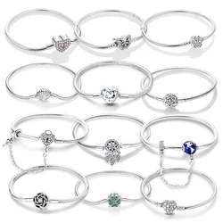 Silver 925 Original 17-20CM Bracelet Heart Flower Zircon Bracelets Fit Charms DIY Birthday Anniversary Jewelry Gift For Woman