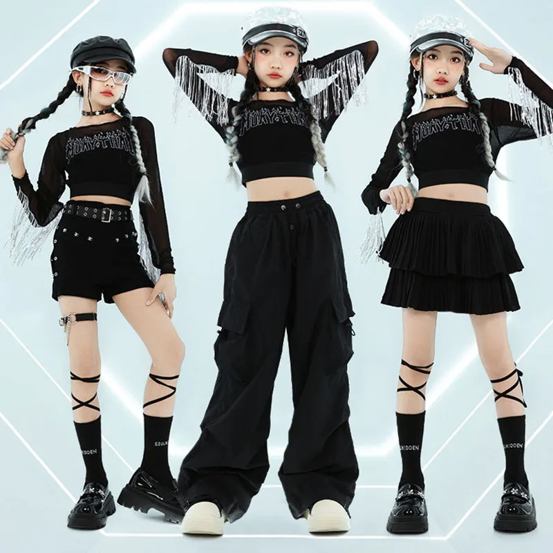 

Kid Hip Hop Clothing Black Fringe Mesh Crop T Shirt Casual Cargo Pants Pleated Layered Skirt for Girl Jazz Dance Costume Clothes