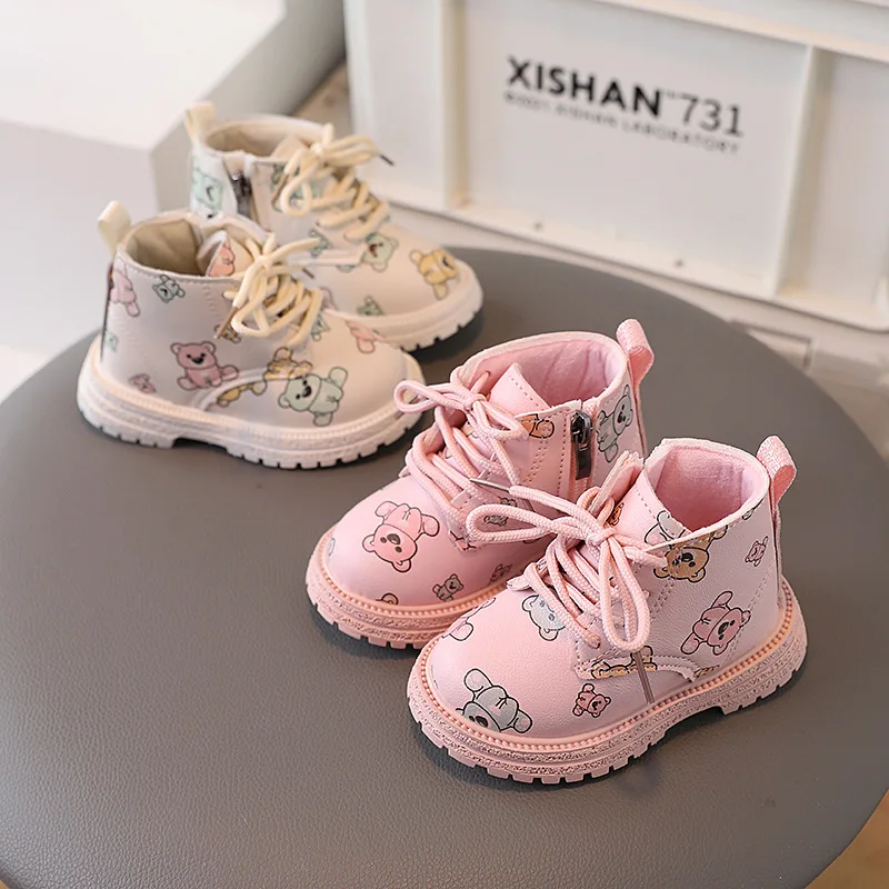 Winter Autumn Girls Boys Warm Cartoon Bear Leather Boots Non-slip Kids Shoes Cute Baby Short Boots Children Cotton Footwear