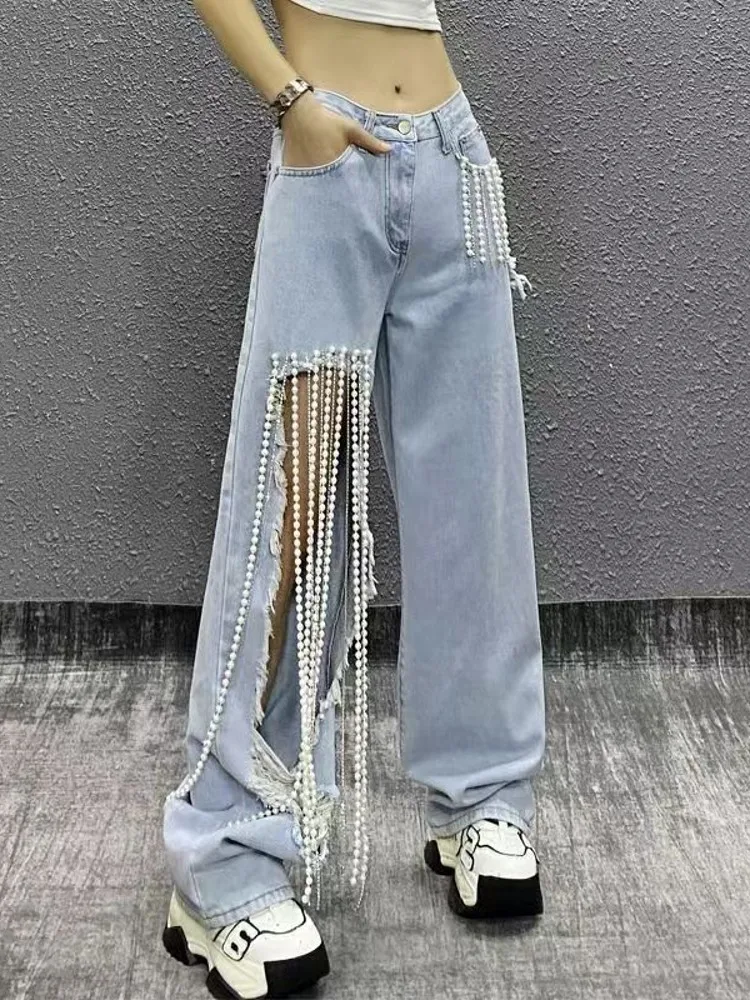 Fashion Women's Beaded Straight Pants Baggy High Waist Zipper Pockets All-match Trousers Female 2025 Spring Y2k Lady Streetwears