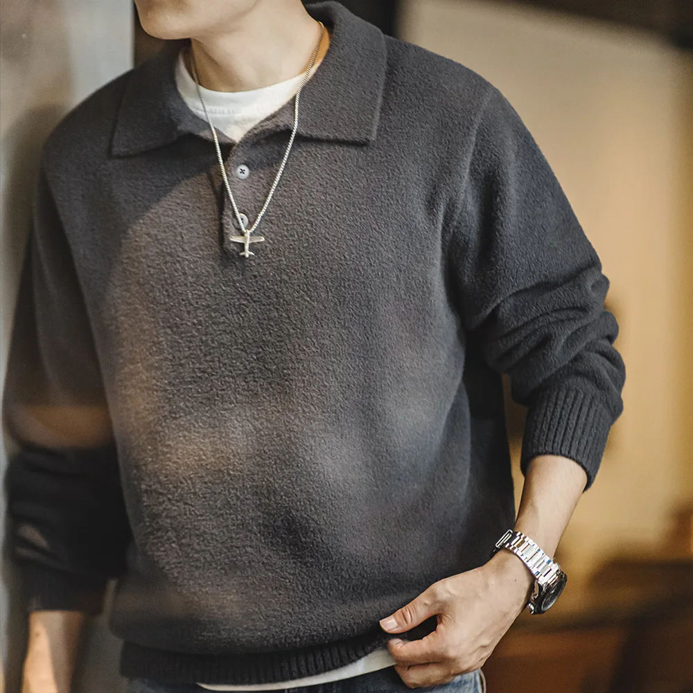 Maden Arctic Fleece Polo Sweater Heavyweight Faux Mink Lapel Knit Pullover Men's Vintage Warm Jumper Winter Dark Gray Tops