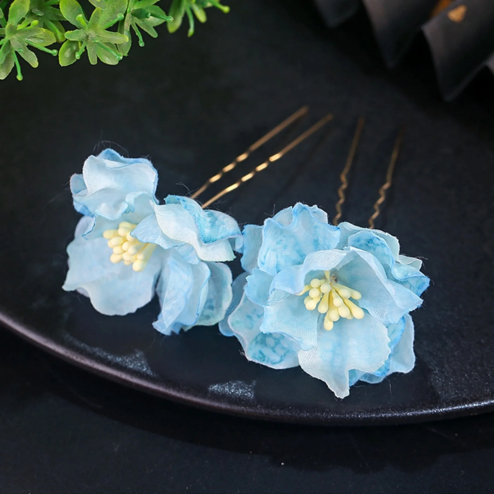 2 Stück Hanfu-Haarschmuck mit Seidenblumen, kleine Haarnadel mit gebügter Blume, Haarschmuck im antiken Stil, Blumen-Haarnadel, geformte Haarnadel – Detail 3