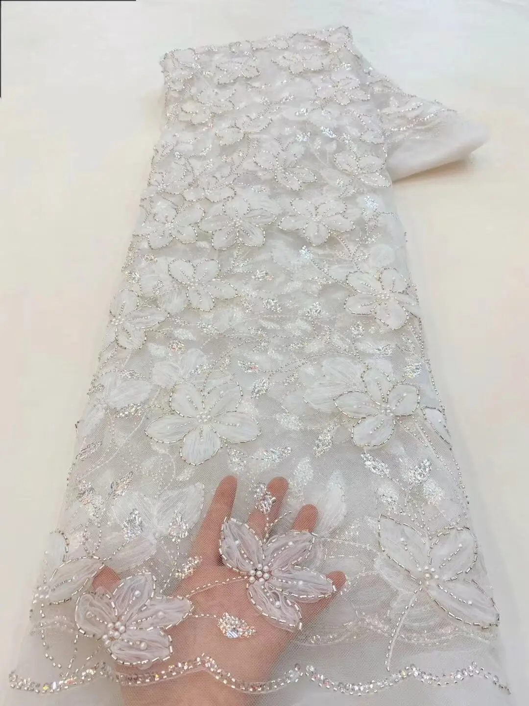 

French Lace Fabric African Mesh Tulle Lace Fabric with Beads J-1308432 Bridal Lace for Sewing Wedding