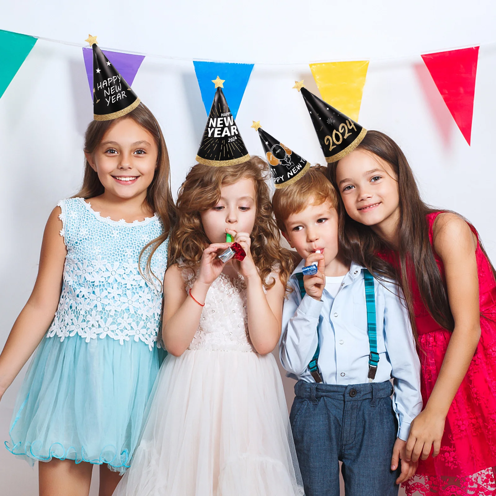 

12Pcs New Year Hats 2024 Black Gold Paper Cone Party Supplies for Adults New Year Eve Celebration Decor Paper Cone Hats