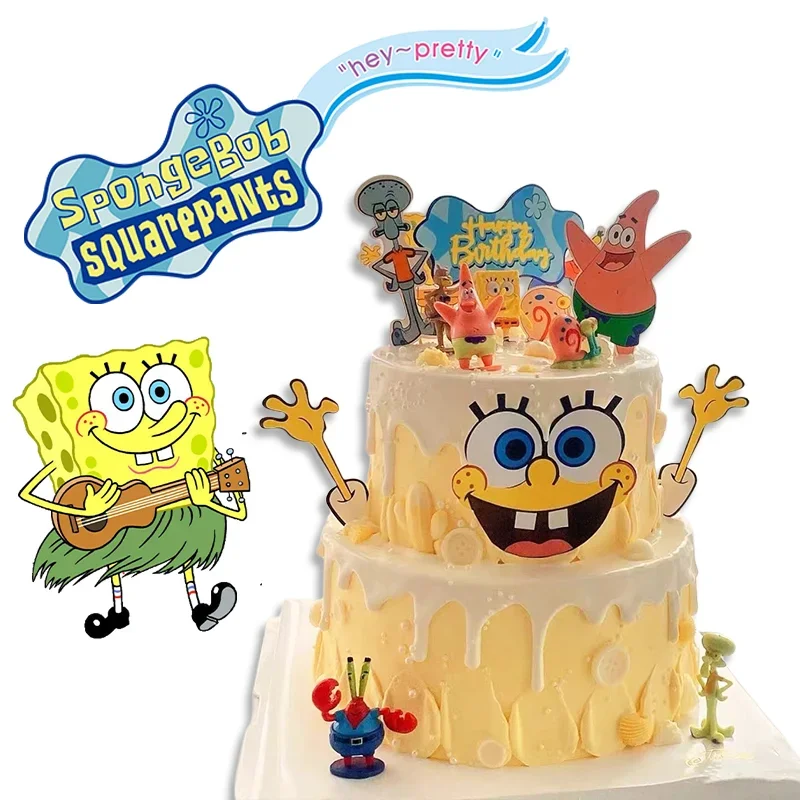 SpongeBob Cake Topper Cartoon Anime Birthday Party Banner Cake Insert Flag Kids Cake Decor Accessories Cute Birthday Kawaii Gift