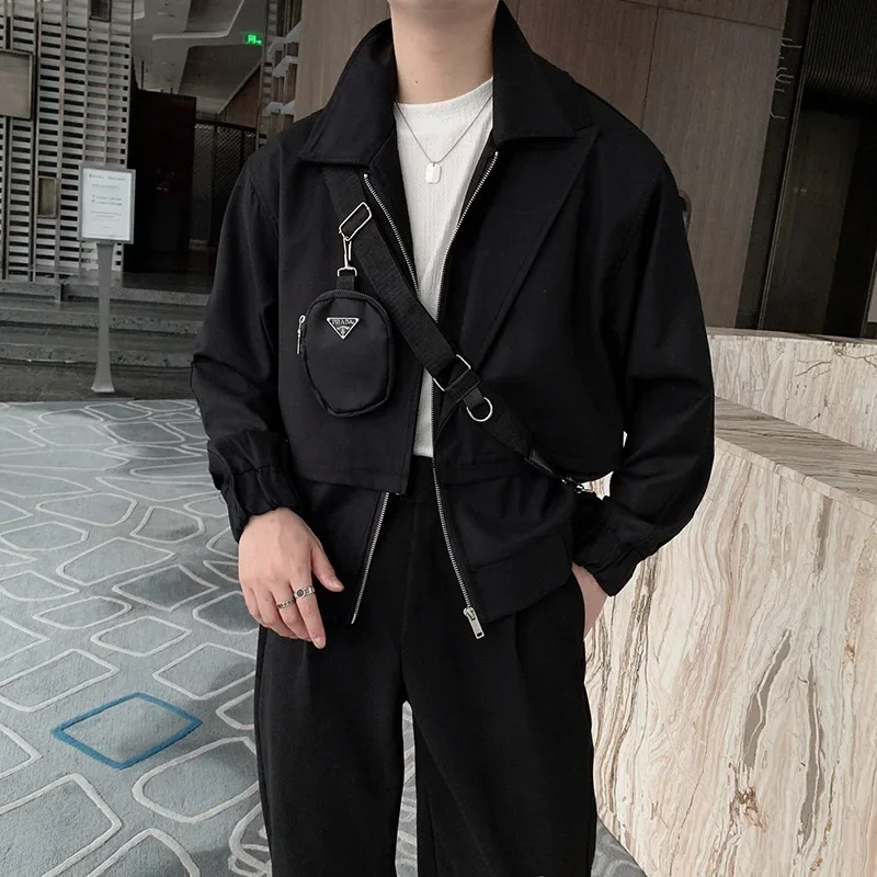 Trendy Fashionable Casual Short Jacket Men Vintage Lapel Outwear Korean Fake Two PCS Coats All-match Male Long Sleeve Streetwear