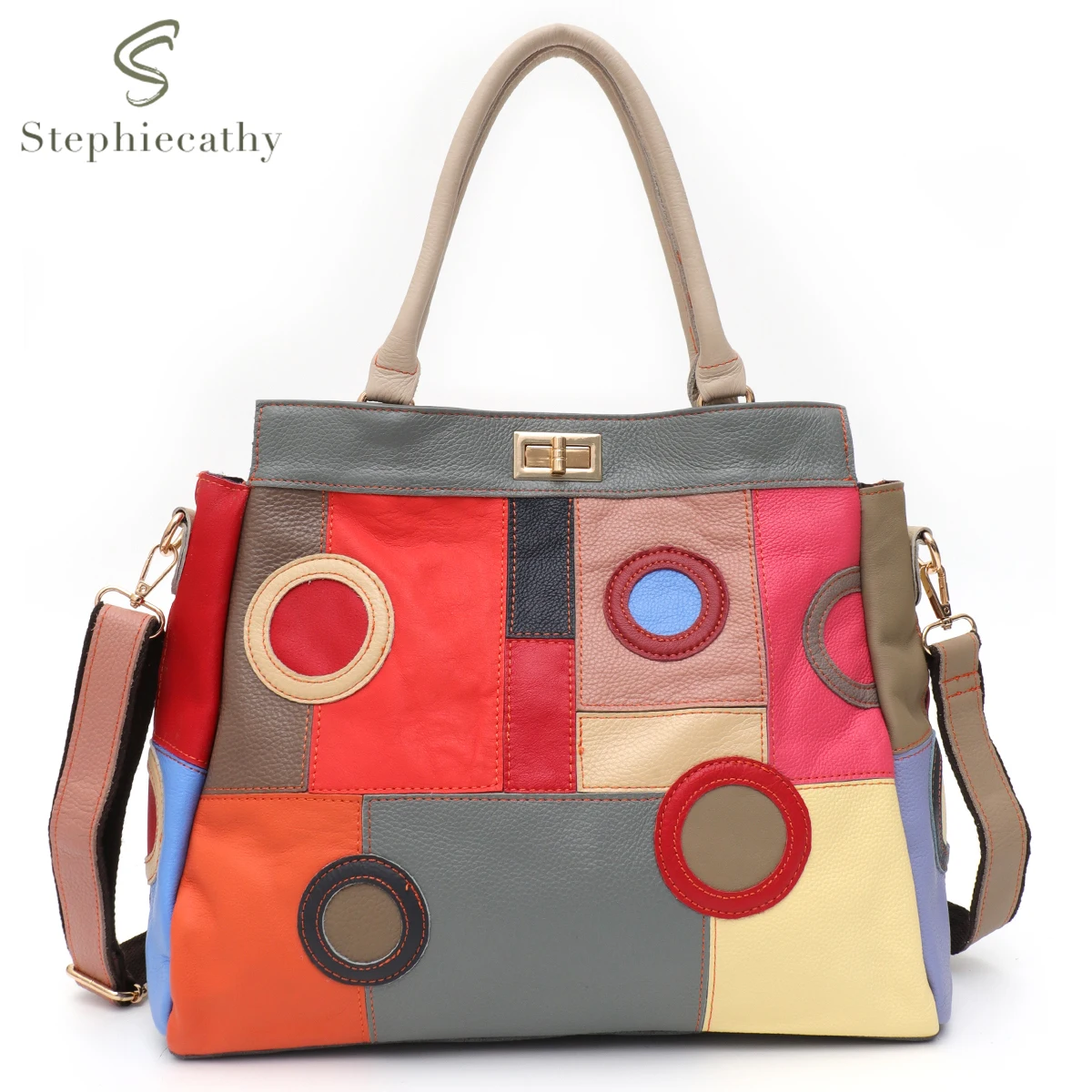 SC Chic Colorful Real Leather Geometry Patchwork Handbag Women Turn-lock Large Capacity Tote Shoulder Bag Cross body Daily Work