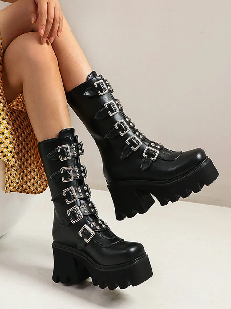 Maogu-Chaussures gothiques à plateforme en cuir pour femmes, Bottes hautes noires, Talons hauts pour femmes, Skip Punk, Chunky Ladies Botiendra es, 43, 2023