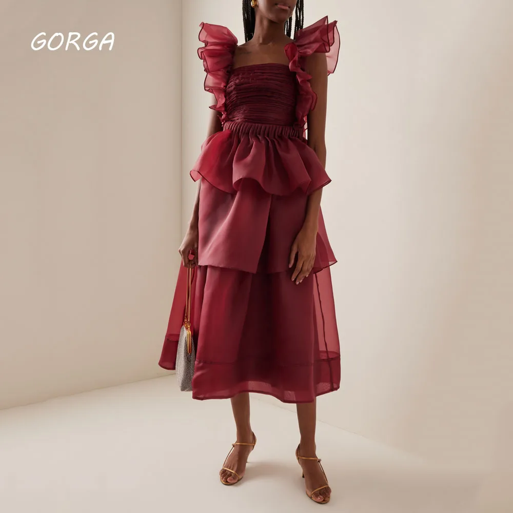 

GORGA Wine Red Square Collar Pleat A-LINE 2024 Slim Long Organza Ocassion Gown Floor-Length Evening Dress فستان سهرة نسائي