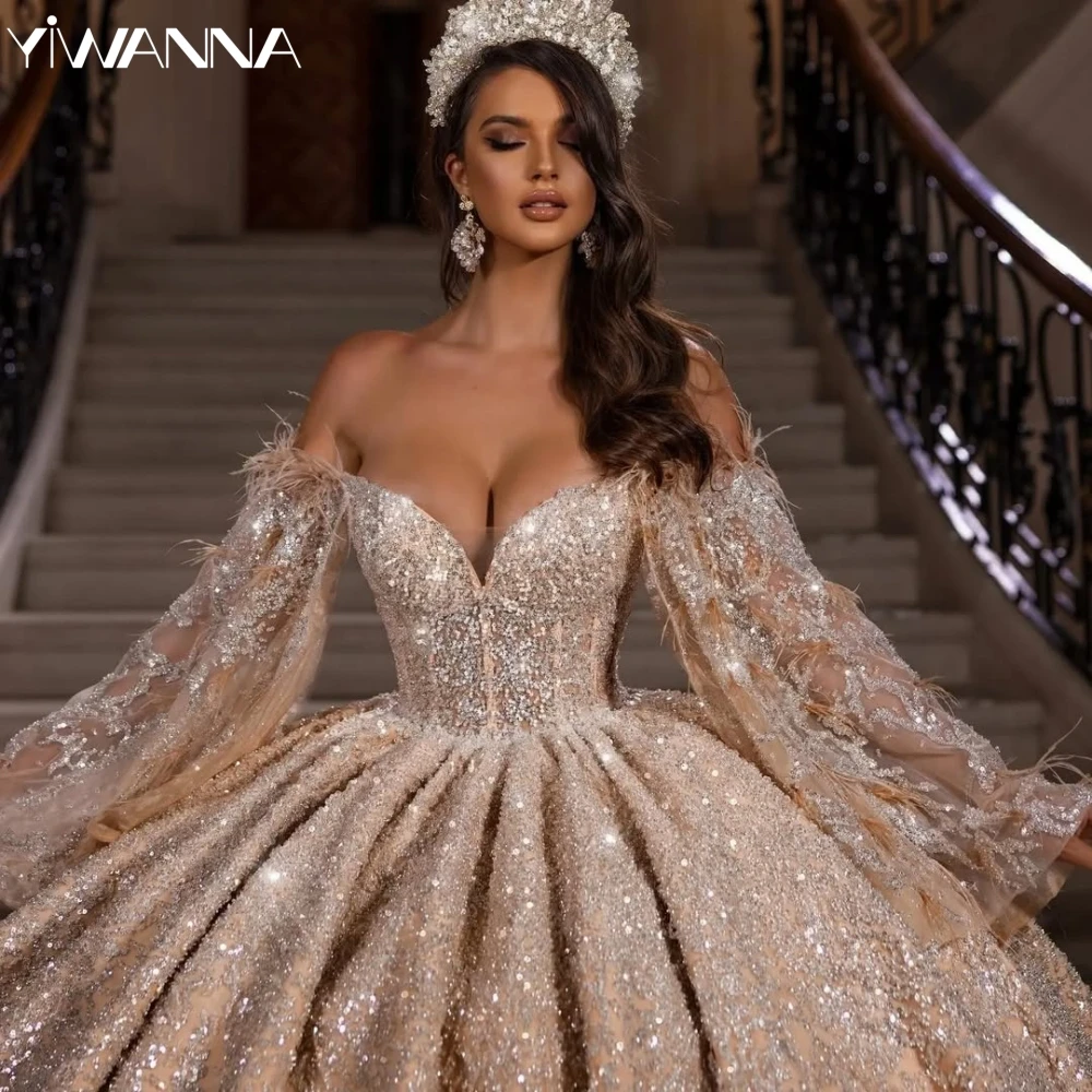 Luxurious Embroidery Beaded V-neck Wedding Dress Sequined Off Shoulder Bridal Gown 2026 Customized Ball Gowns Dresses For Bride