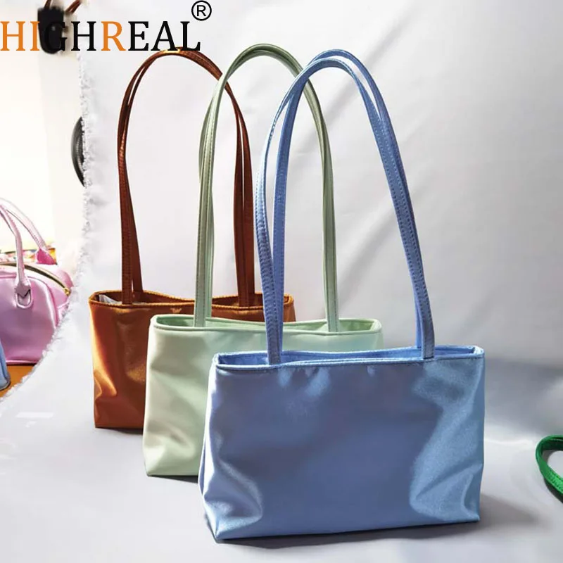 HIGHREAL Women's Silk Square Underarm Bag Macaron Contrasting Color Shoulder Tote Bag Daily Commuter Handbag