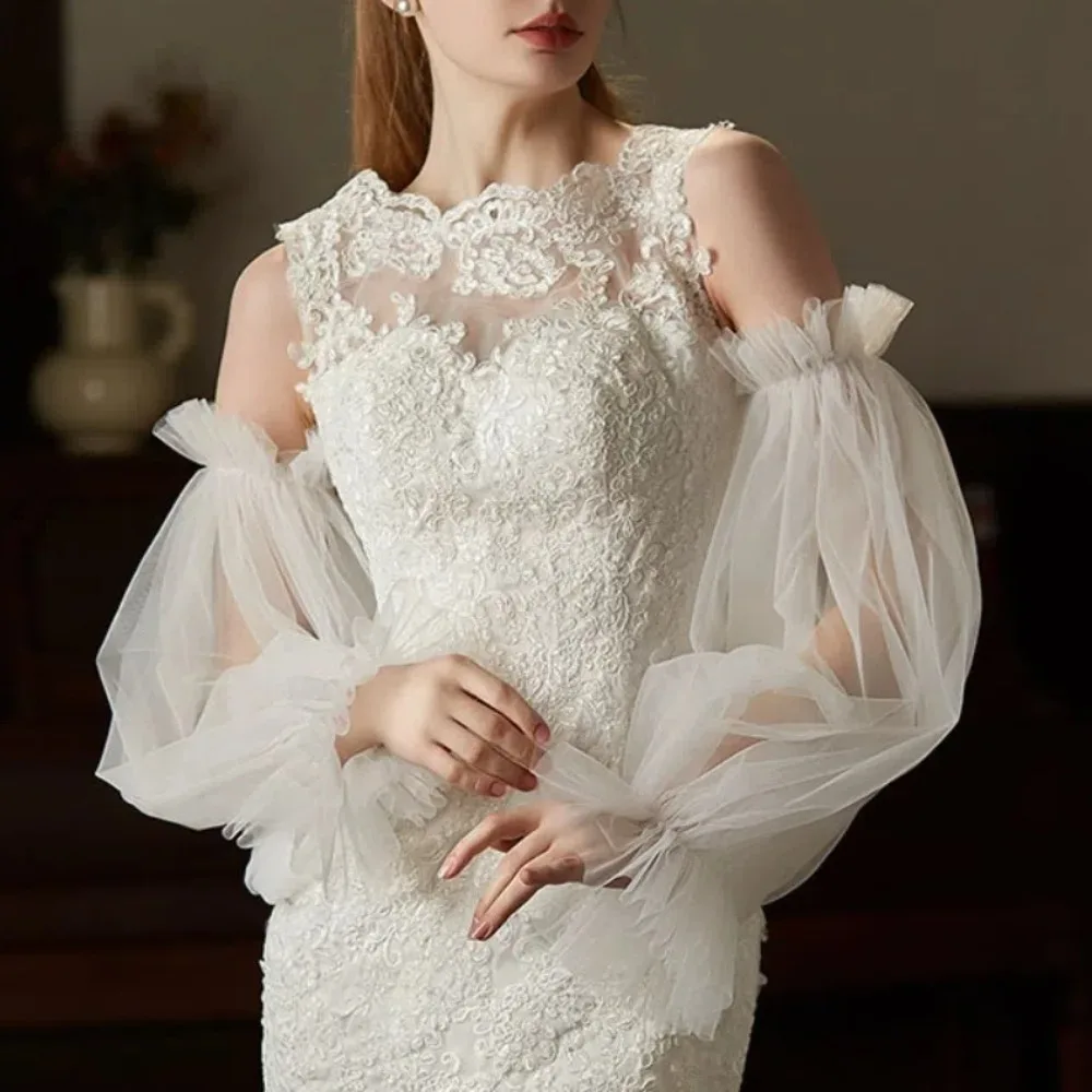 Elegant Yarn Bridal Arm Sleeves Breathable Thin Arm Covers Pleated Lace Lantern shaped Detachable Sleeves Women