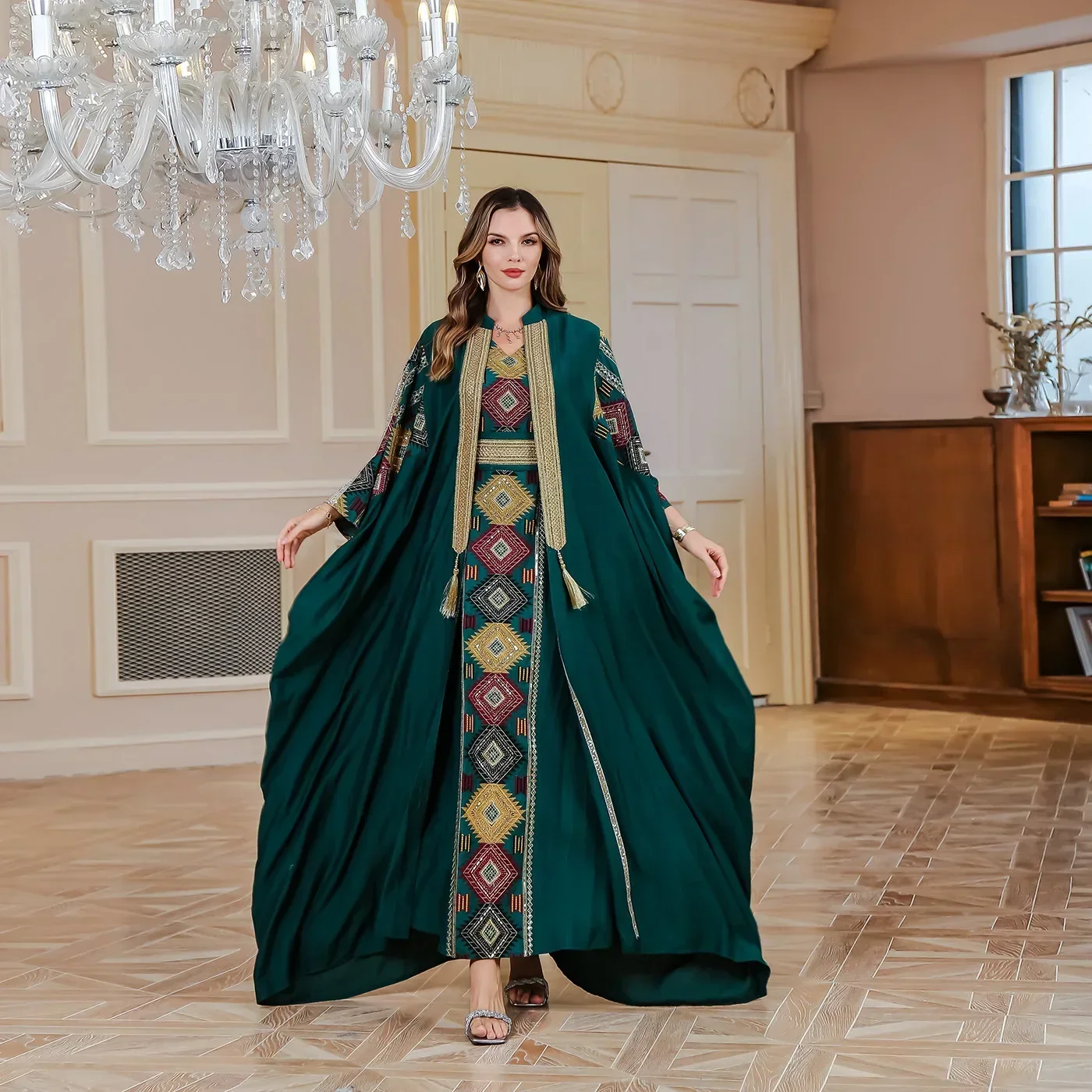 Abaya, Casual Muslim Long Robe for Ladies in Dubai and Turkey New Product Embroidered Light Luxury Evening Dress Two-piece Dress