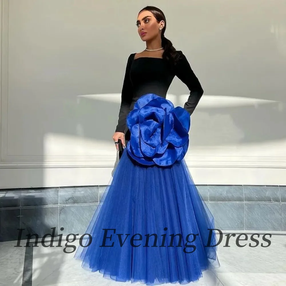 Indigo Royal Tulle Prom Dress Square Neck Floor-Length A Line Flower Women Formal Party Vintage Dress فساتين السهرة Customized