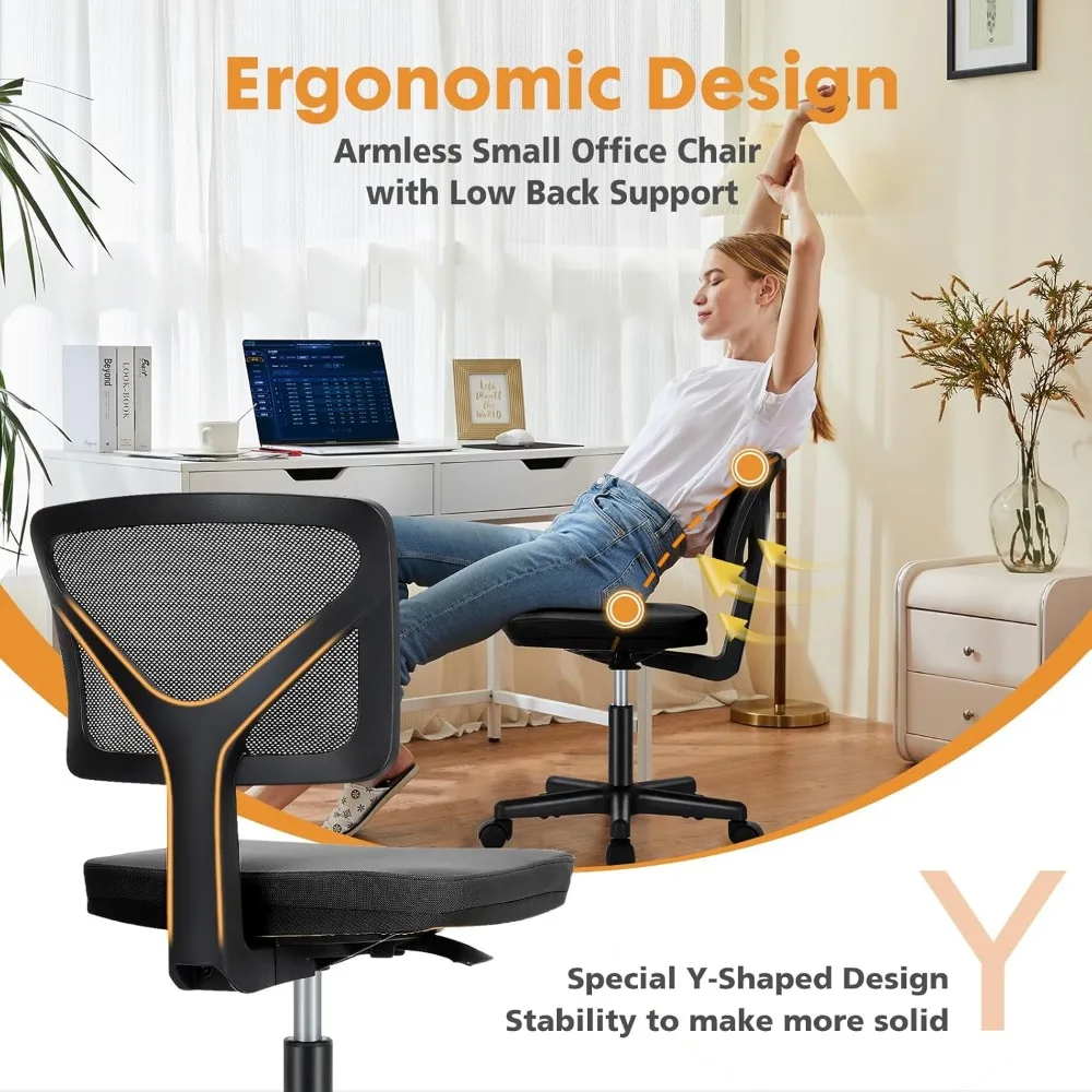 Armless Desk Chair - Small Home Office Chair with Wheels, Mesh Low Back Task Chair with Lumbar Support and Wheels