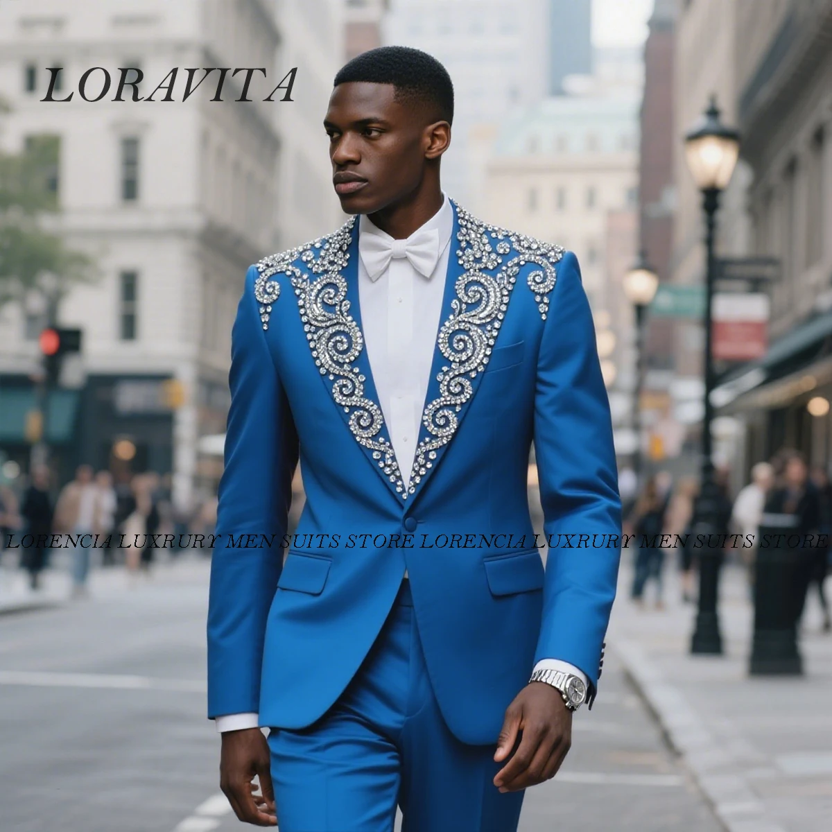 

Exquisite Customized Beads Diamond Men Suits 2 Pieces Male Prom Party Blazers Widde Lapel Slim Fit Wedding Groom Tuxedos Homme
