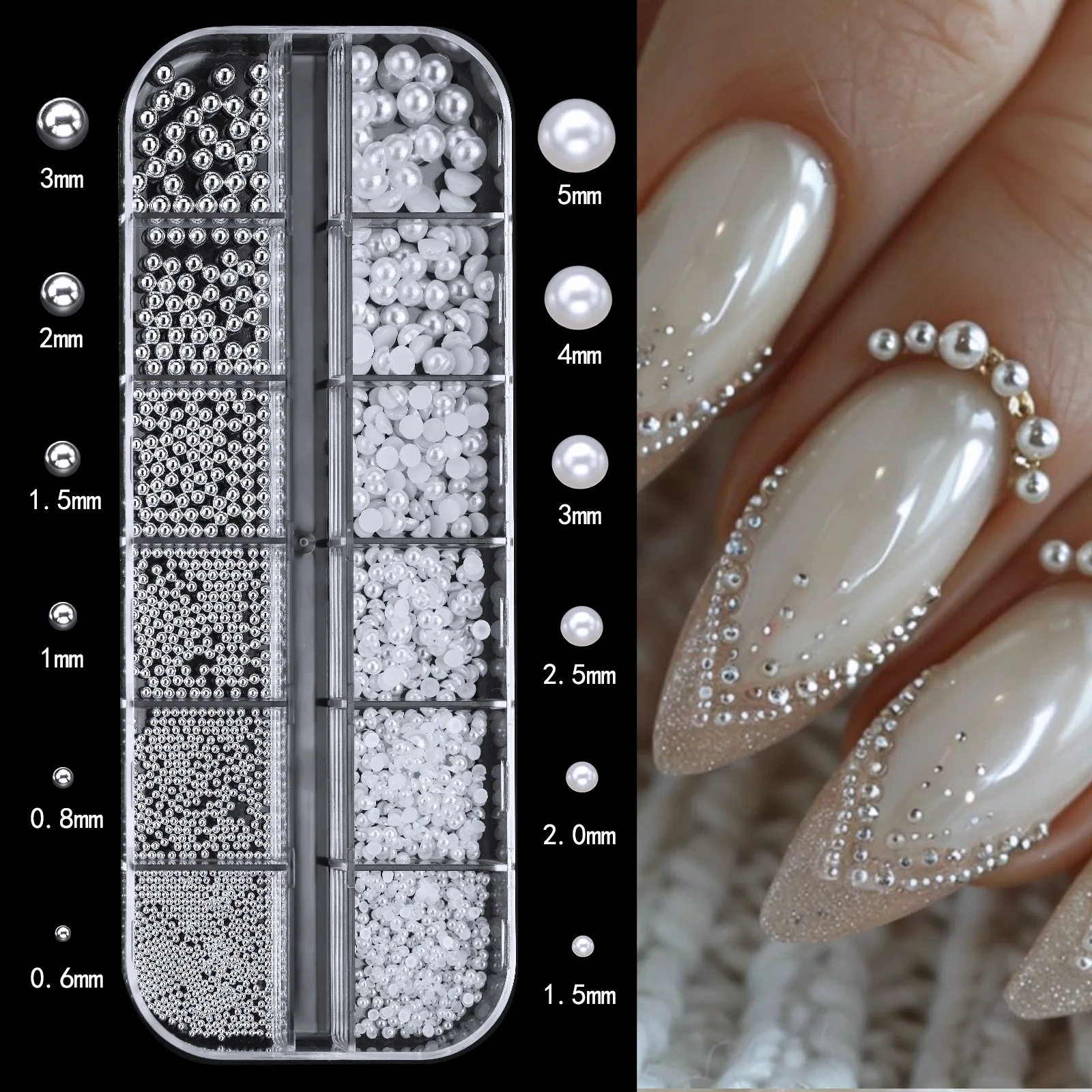 12 Grids White Half Round Pearl Nail Art Decoration Mixed Size Silver Steel Ball Rivet Rhinestone Nail Accessories