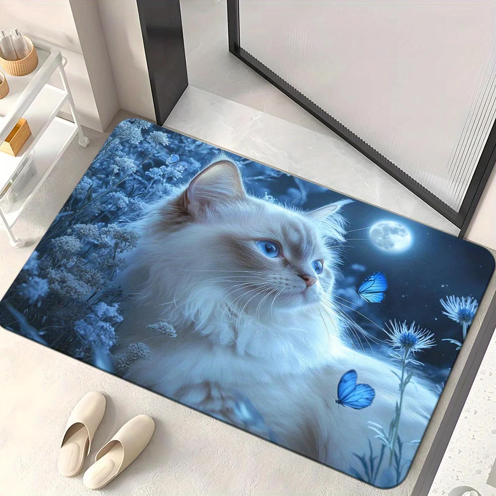VIKAMA Fluffy Cat Floor Mat Night Moon Blue Butterfly Floral Botanical Pattern Anti‑Slip Washable Doormat Entryway Porch HomeRug