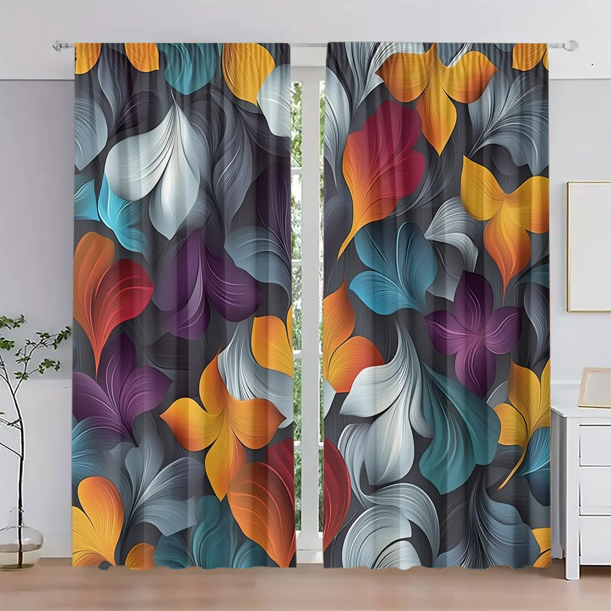 Gradient Art Leaf Curtain 2 Panels,Vivid Color Curved Leaf Texture Pattern Dark Gray Base For Homestay Living Room Decor Curtain