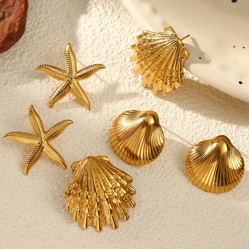 

DLHP Starfish Shell Stainless Steel Geometric Stud Earrings For Women Gold Plated Exquisite Luxury Designer Jewelry Gifts Femme