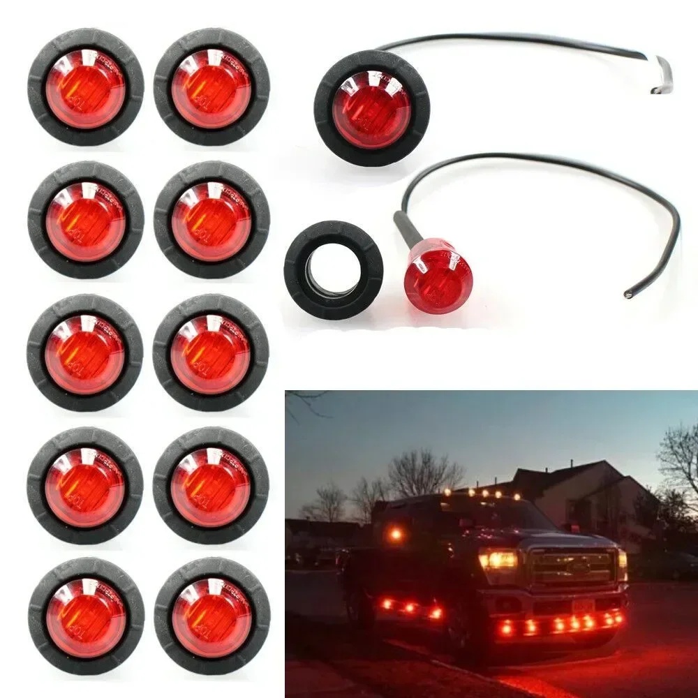 12V Car Truck Trailer Mini Red Round LED Button Side Marker Lights Lamps  27x 22mm Metal Accessories For Vehicles
