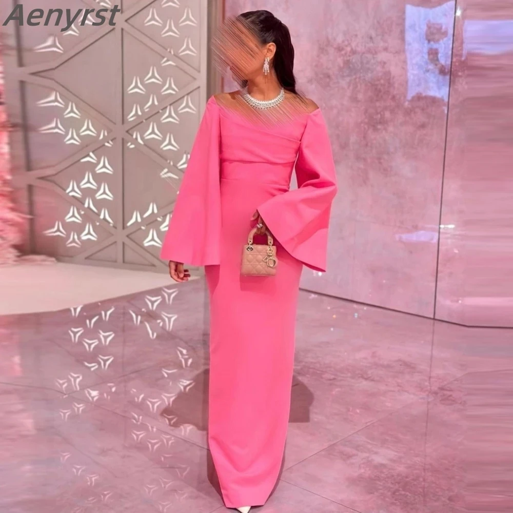 

Aenyrst Pink Satin Off the Shoulder Long Sleeves Zipper Prom Dresses Pleat Ruched Saudi Arabic Party Dress Formal Occaison Gowns