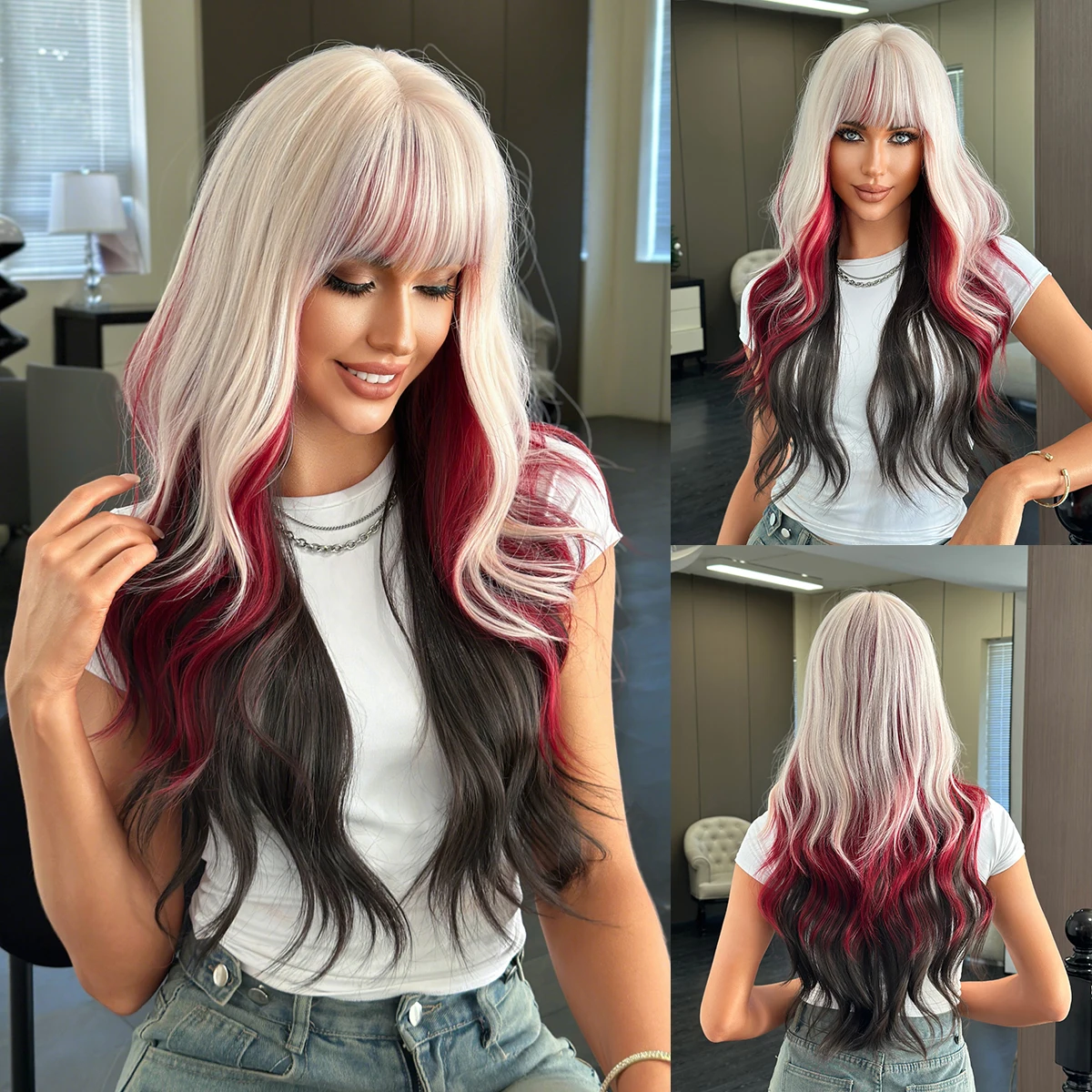 NAMM New Fashion Long Wavy Ash Wigs Natural Looking High Quality Red black layering Fiber Synthetic Wig for Women Daily Use