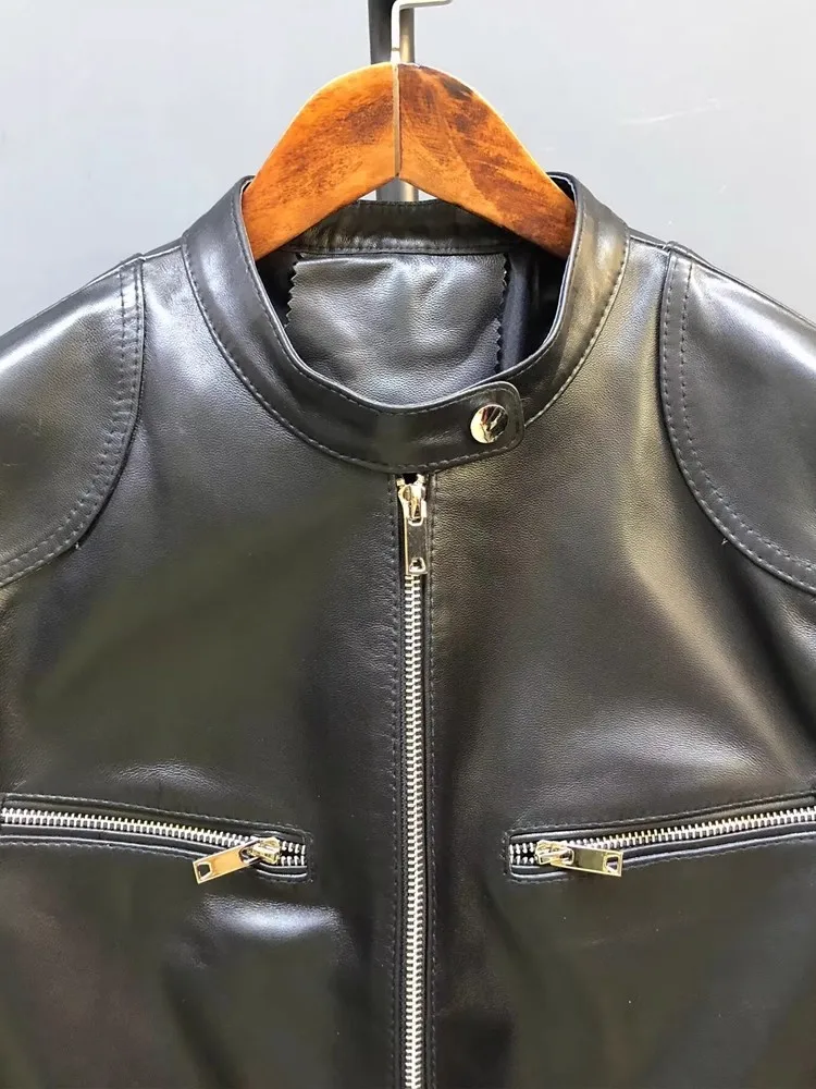 Schicke klassische Damen-Jacke aus echtem Leder, Frühling und Herbst, Stehkragen, schmale Passform, kurze Jacken, Oberbekleidung, echte Schaffellmäntel