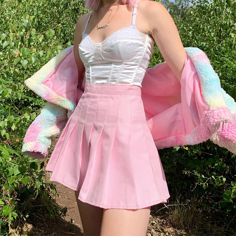Y2K Cute Pink Pleated Mini Skirt High Waist A Line Short Kawaii Aesthetic Outfit Skirts Party Women Fairycore