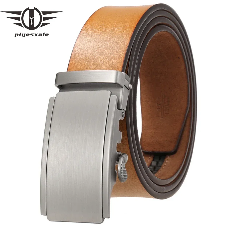 

Plyesxale New Fashion Yellow Brown Ratchet Belt For Men 100% Genuine Leather Automatic Buckle Casual Trouser Belts Strap B767