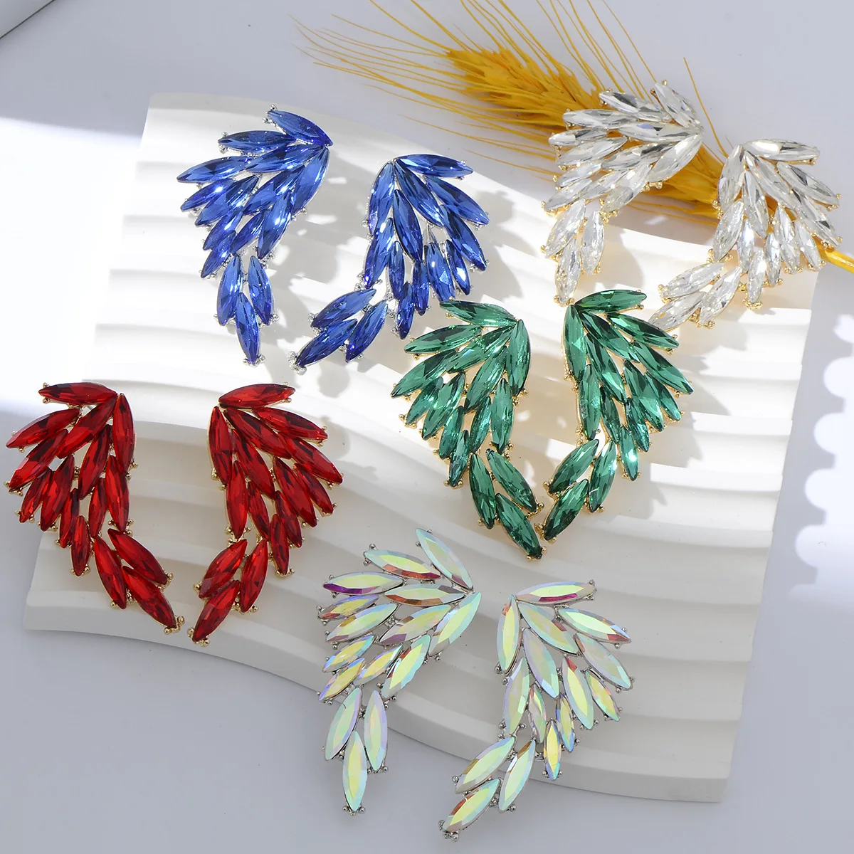 Foreign trade exaggerated color crystal earrings bride earrings alloy wing  banquet party super flash earrings