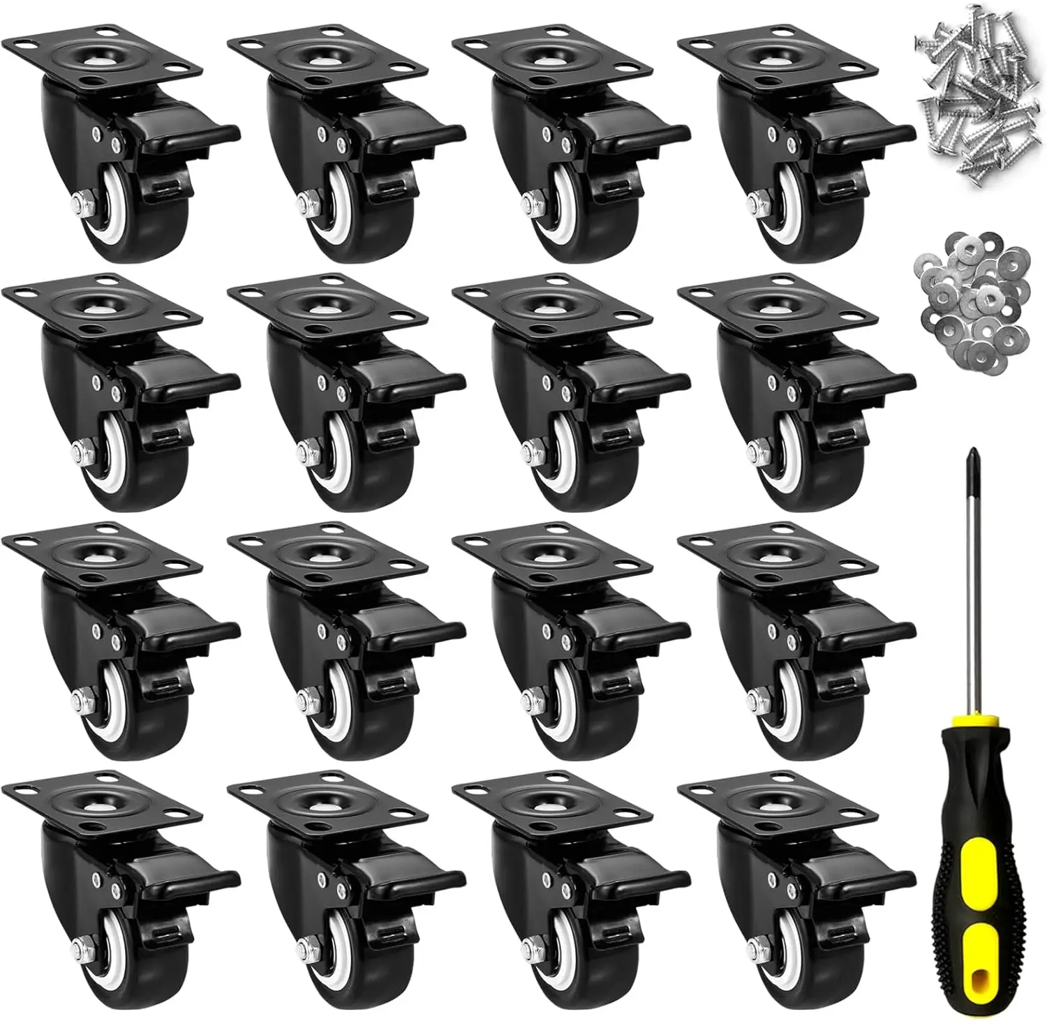 

16-Pack 2" Heavy Duty Swivel Casters with Brake, Silent PU Wheels for Furniture and Trolleys