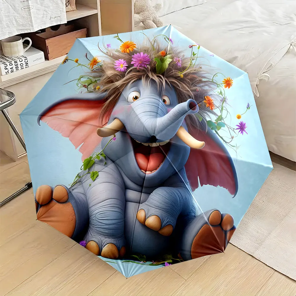 1PC Cartoon elephant design umbrella with floral decoration Print 8 Iron Ribs Folding Umbrella Auto-Open Fashion Sunshade
