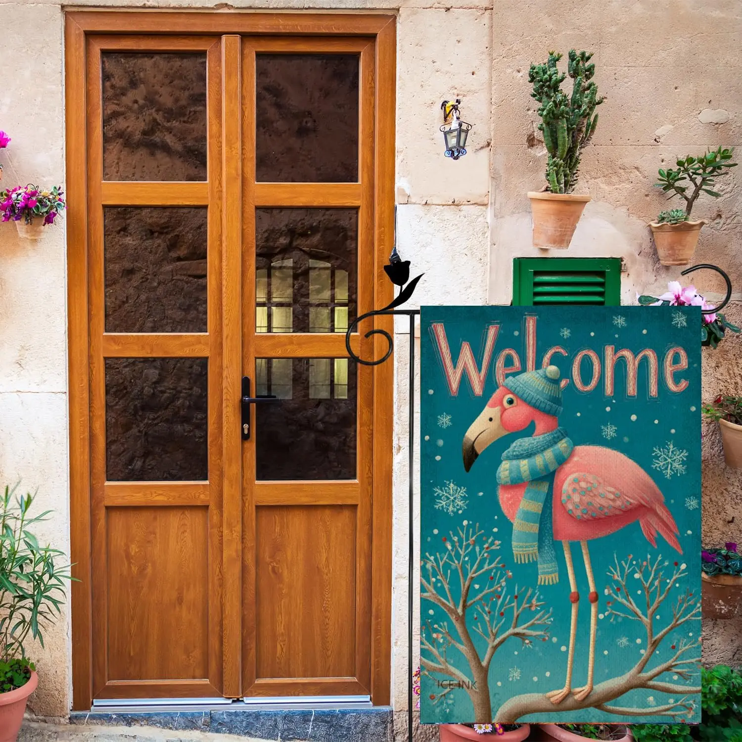 Ice ink Welcome Snow Flamingo Hello Winter 12x18 Inch Double Sided Linen Small Yard Flag House Flags for Outdoor Home Decora llz