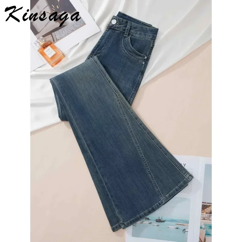 

Casual Vintage Blue Wide Leg Baggy Denim Pants Retro Blue Irregular Hem Flared Denim Pants