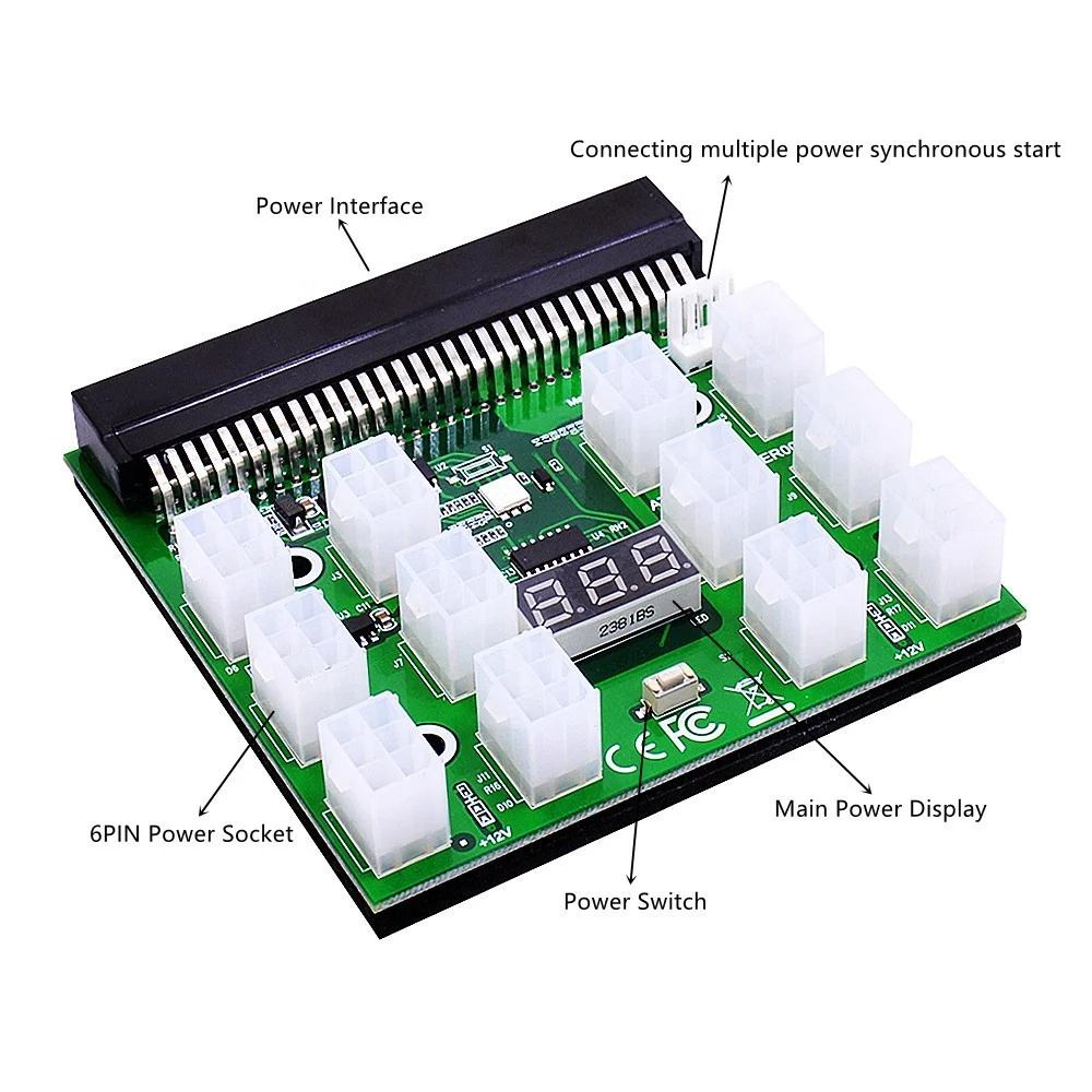 12 Port 6 Pin 12V Power Supply Breakout Board with LED Digital Display for 1200W 1000W 750W PSU