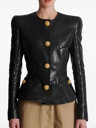 Chaqueta de Diseñador HIGH STREET, Modelo 2026, para Mujer, Corte Entallado, Botones de Caracol, Cuero Sintético