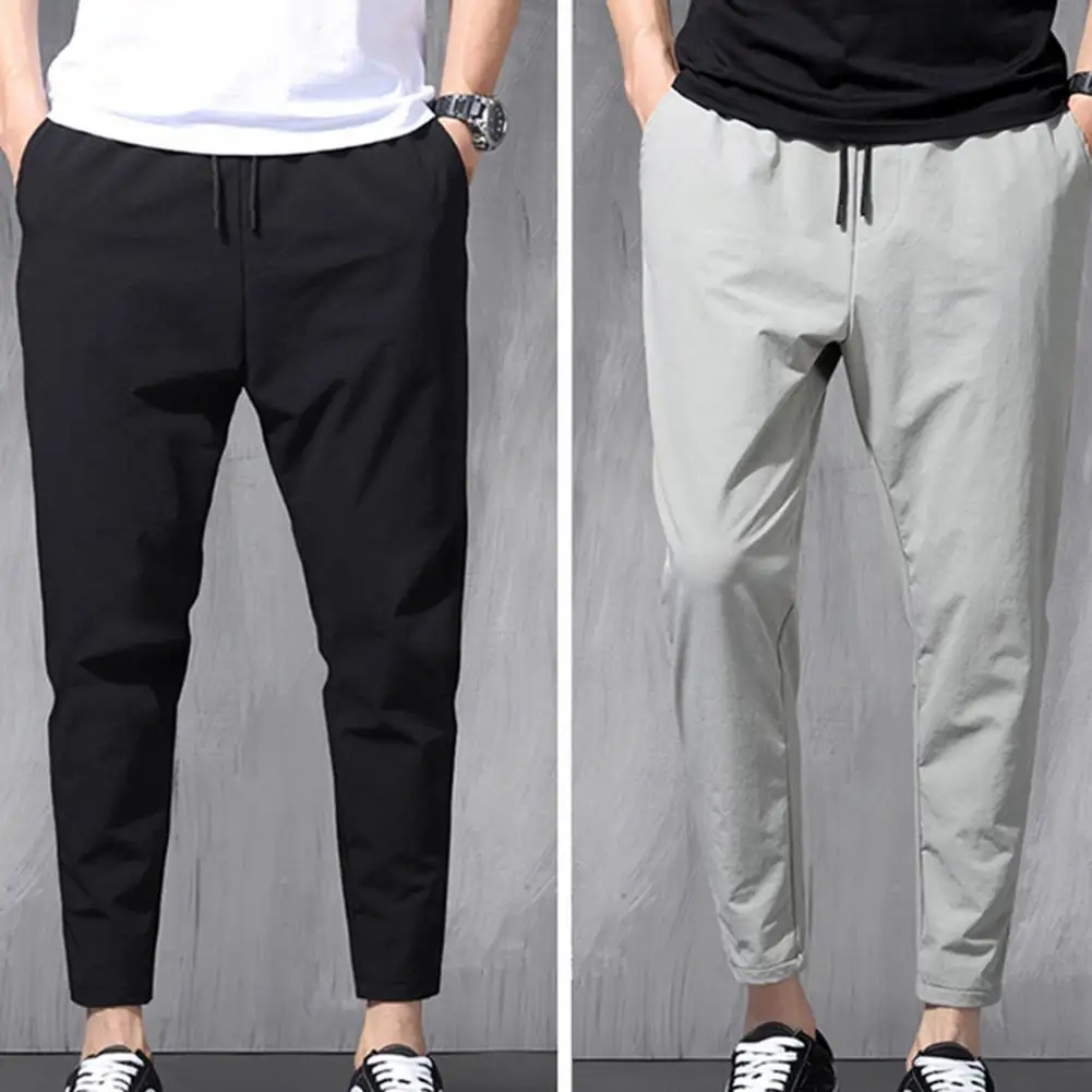 Pantalones pitillo para hombre con cordón de Color sólido, pantalones noveno para hombre, pantalones informales rectos con cintura elástica Simple transpirable, pantalones de verano