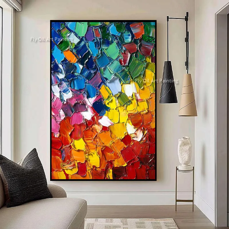 Modern Abstract Canvas, Chunky Thick Impasto in Bright Mixed Colors, Hand Painted Vertical Wall Art